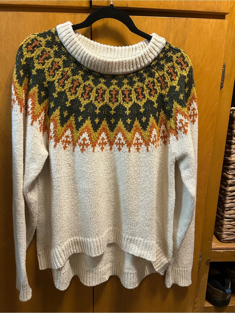 Madewell Brand Fair Isle Crewneck Sweater - Cream with Green & Orange